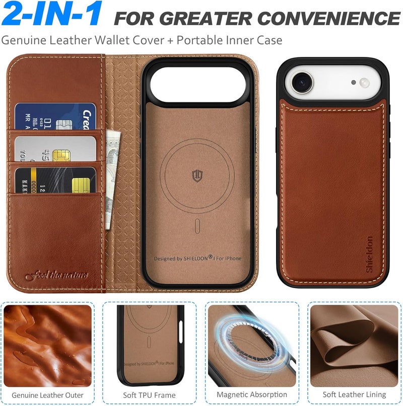 SHIELDON 2-in-1 Wallet Case for iPhone Air 6.5-inch 2025 | Genuine Leather, Wireless Charging, Detachable Magnetic Cover, RFID Blocking Card Holder, Kickstand, Shockproof - Retro Brown - Image 5